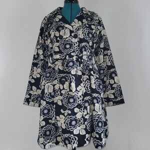 Aimei Blue W/ Yvory  Floral Women's Cotton Blend Trench Coat Size Medium